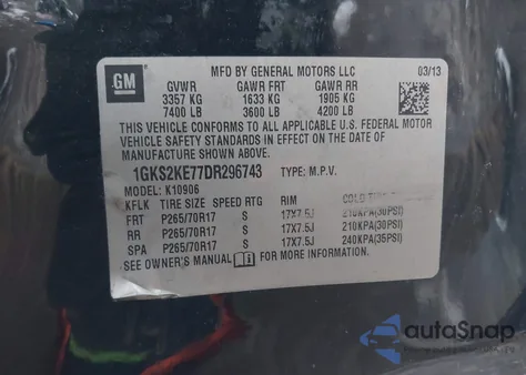 2013 GMC Yukon Xl 1500 Slt z USA, uszkodzony, nr VIN 1GKS2KE77DR296743